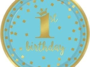 Metallic Blue & Gold Confetti 1st Birthday Lunch Plates (8)