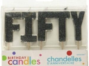 "F-I-F-T-Y" Black Glitter Birthday Candles | Party Supply