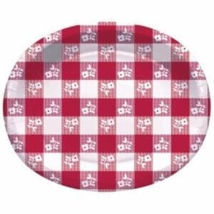 Red and White Checked Design Floral Decorative Printed Oval Platter 12"