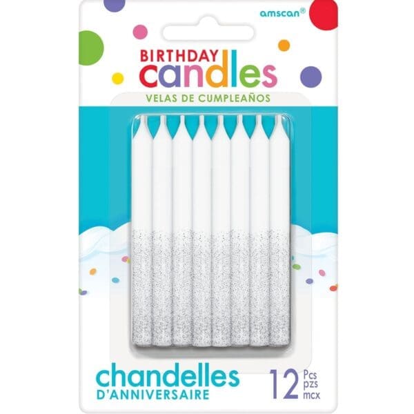 Glitter Silver Birthday Candles 12ct Party Supplies