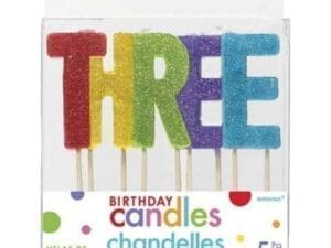 "T-H-R-E-E" Colorful Glitter Birthday Candle | Party Supply