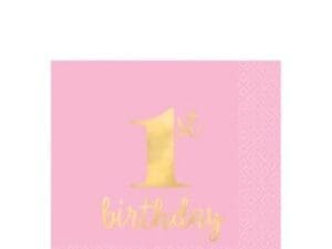1st Birthday 'Pink and Gold' Premium Small Napkins (16ct)