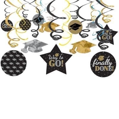 Assorted Black, Silver & Gold Graduation Swirl Decorations, 30ct Decorations
