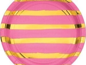 Candy Pink and Gold Foil Striped Paper Plates, 8 Pk