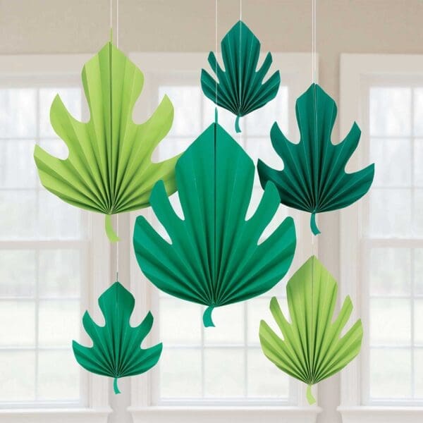 Hawaiian Luau Tropical Leaves Paper Fan Decorations (6pc)