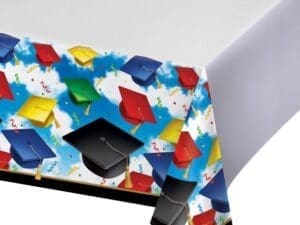 Blue and White Graduation Celebration Printed Plastic Table Cover 102"