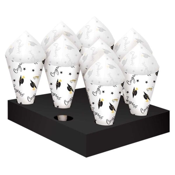 140217 7 X 3 in. Congrats Grad Paper Snack Cones with Tray  White, Black &; Gold