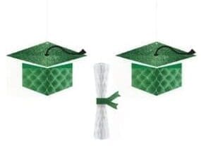 290118.03 School Colors Pride Graduation Cap & Diploma Honeycomb Hanging Decorations, Green - Pack of 2