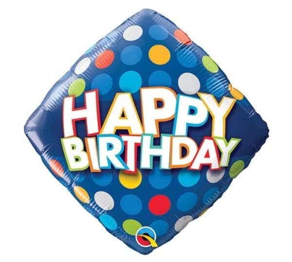 18 in. Happy Birthday Blue & Colorful Dots Flat Foil Balloon