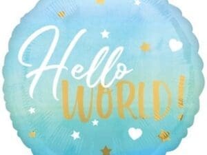 Metallic Gold, Blue & White Hello World Balloon