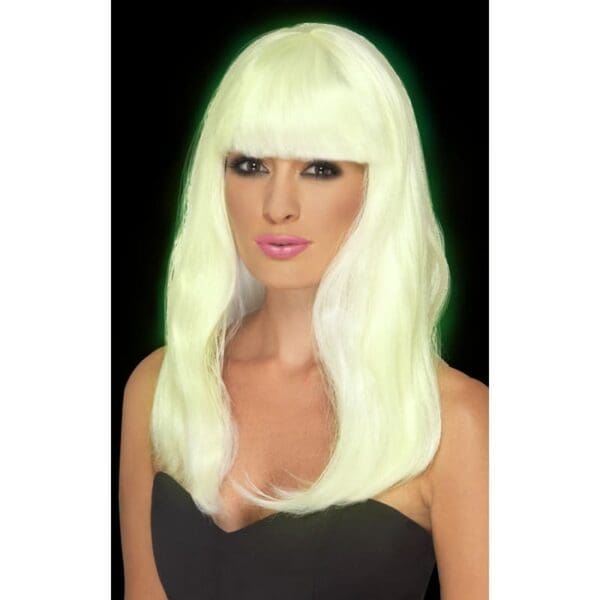 Long White Ladies Glow in the Dark Wig -  Glow Wig Dark Halloween Fancy Dress Ladies Glam Party Adult Long Accessory Blonde