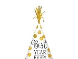 New Year's 9 in. White with Gold Dots Glitter Cone Hat