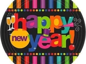 Bright Stripes New Year Party Round Luncheon Plates Tableware, Multi Colored, Paper, 9", 60Piece Party Supplies