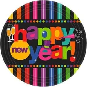 Bright Stripes New Year Party Round Luncheon Plates Tableware, Multi Colored, Paper, 9", 60Piece Party Supplies