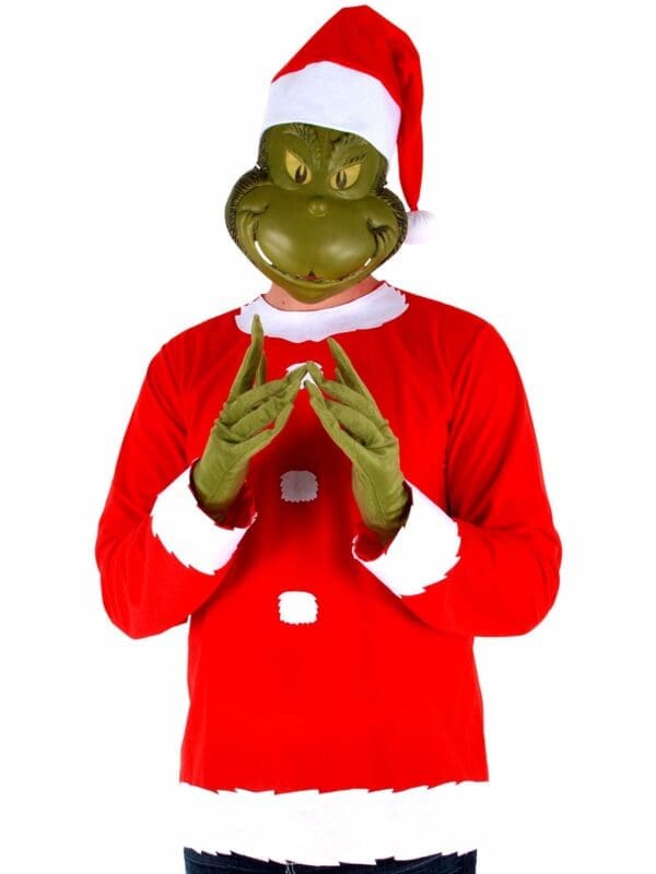 Adult Grinch Fancy Dress Costume Top, Hat and Half Mask