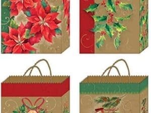 Poinsettia Holly Brown Kraft Gift Bags [Large]