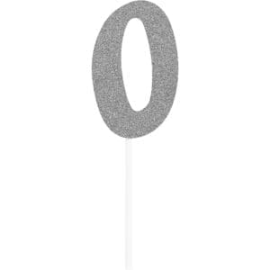 Glittered Silver '0' Party Cake Dessert Topper 6"