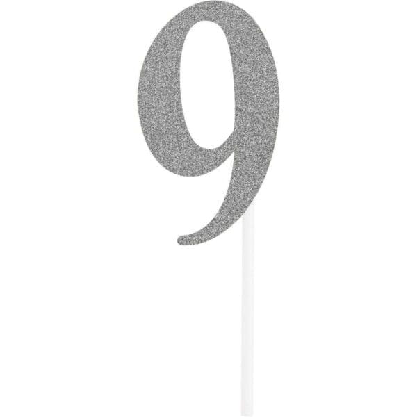 Number 9 Glitter Cake Topper Party Decoration Silver