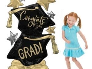 Black, Silver & Gold Congrats Grad Caps Stars Balloon, 33in X 51in