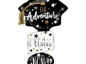 Giant Stacked Adventure Begins Grad Cap 61" Foil Balloon, Black White Gold